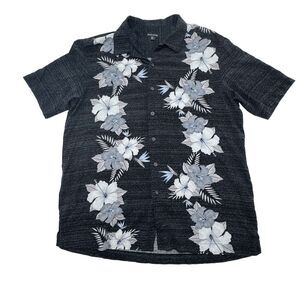 George Black Hawaiian Shirt w/ Gray Floral Pattern Button Down Rayon L/G 42-44